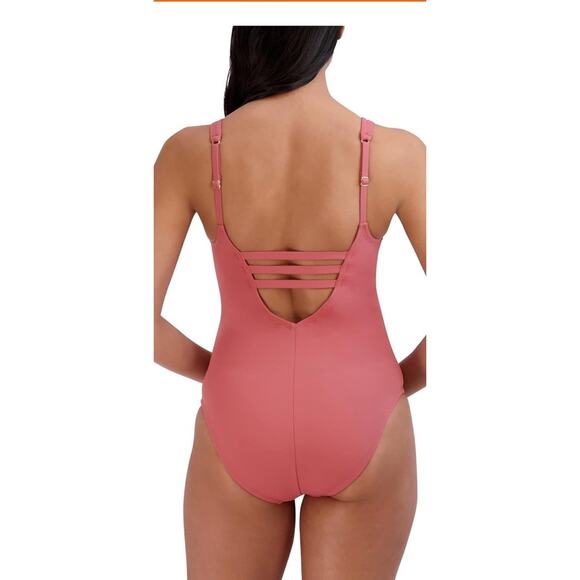 BCBGMAXAZRIA Lace Up Grommet Tummy Control Quick Dry One Piece Swimsuit Medium - Picture 2 of 3